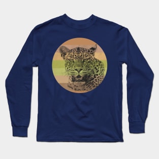 Leopard Close-up on Retro-style Sunset in Colors of Africa Long Sleeve T-Shirt